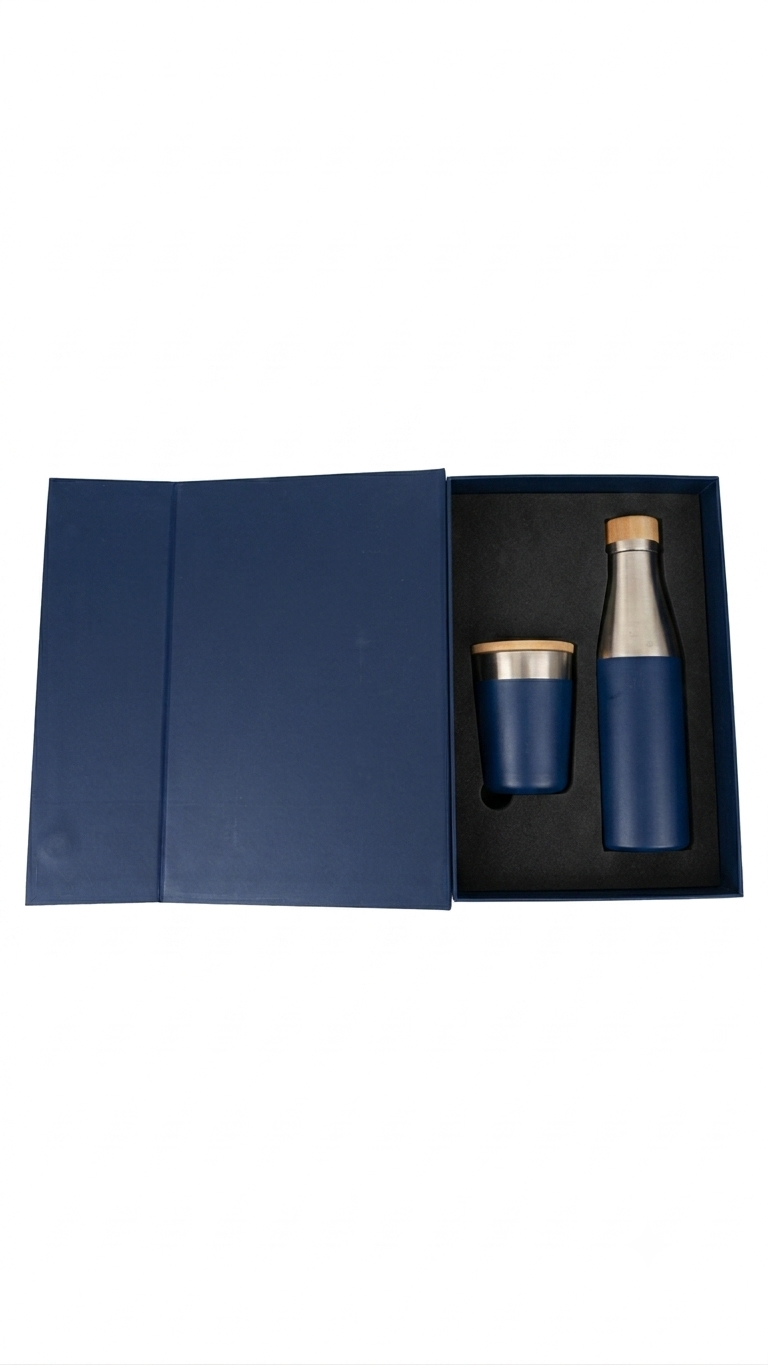 Navy Blue Bottle Tumbler Gift Set – custom branded corporate gift, Kaaf Creations UAE