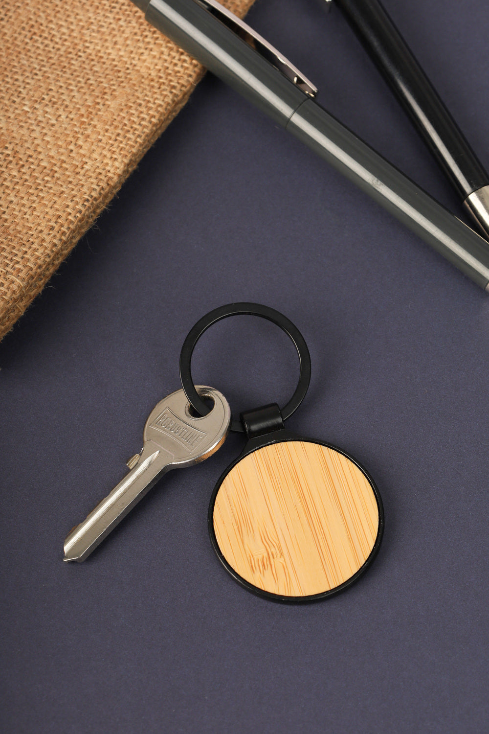 Round Bamboo Body Metal Keychain – custom branded corporate gift, Kaaf Creations UAE