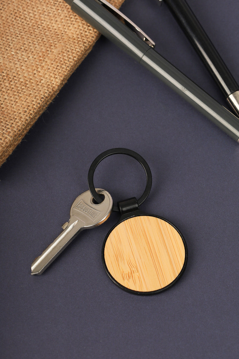 Round Bamboo Body Metal Keychain – custom branded corporate gift, Kaaf Creations UAE