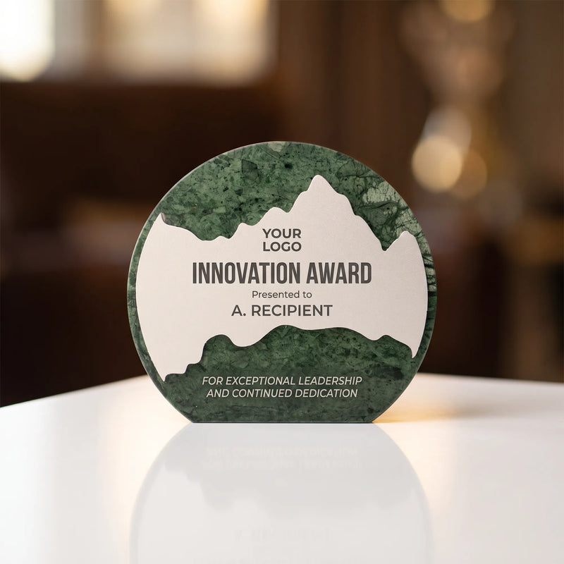 Green Stone Round Plaque Award With Metal Plate