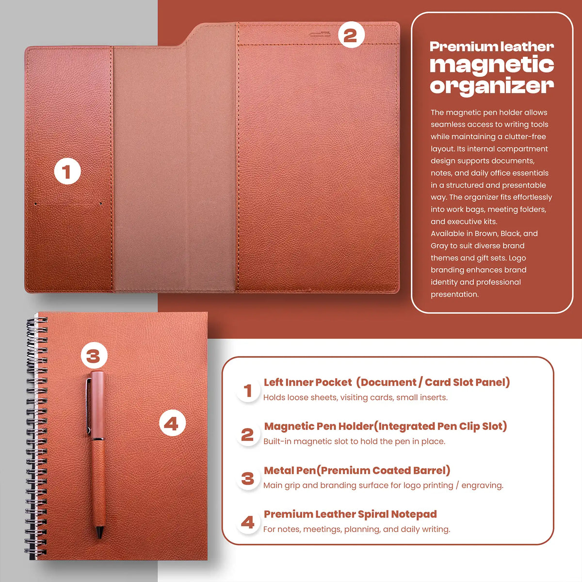 Maison Valer Executive Organizer with Magnetic Pen Holder Brown