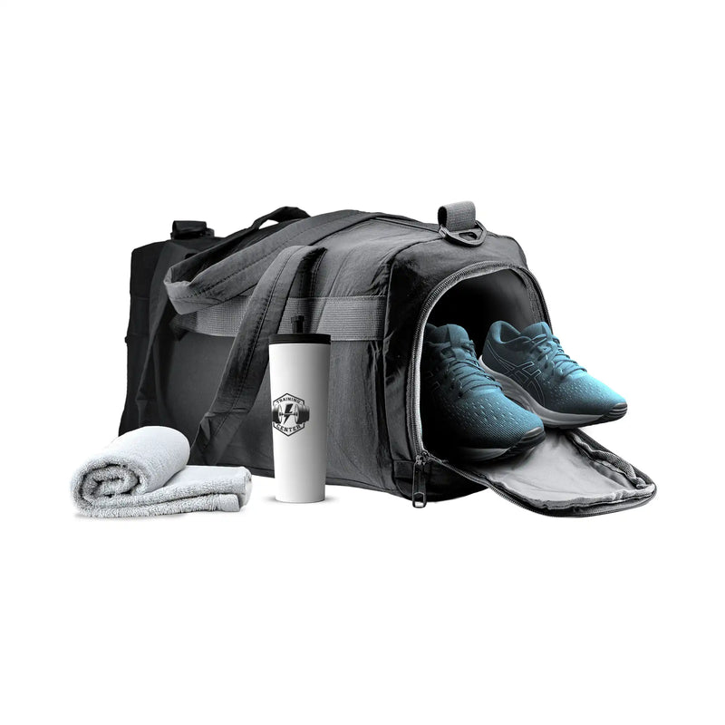 Black executive duffle bag with shoulder strap and spacious compartments for travel