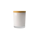 Frosted glass scented candles with bamboo lids in white and black, featuring customizable logo branding.