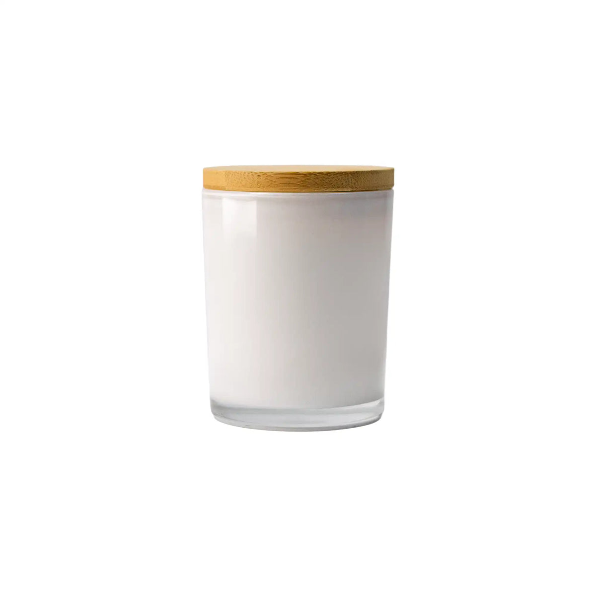 Frosted glass scented candles with bamboo lids in white and black, featuring customizable logo branding.