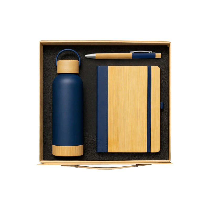 EcoBlend Trio navy blue corporate gift set bamboo bottle notebook pen UAE