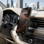 Car mobile holder mounted on an air vent gripping a phone