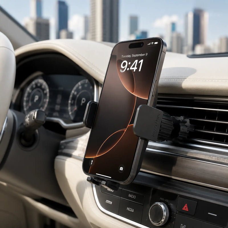 Car mobile holder mounted on an air vent gripping a phone
