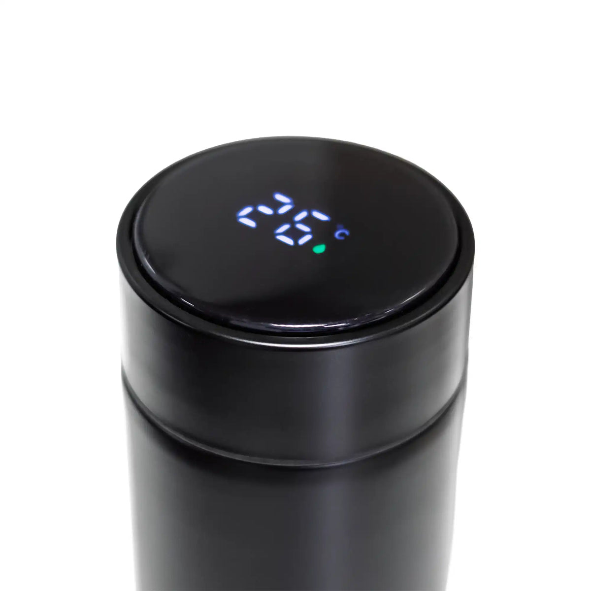 Black digital temperature display bottle 500ml – front view with blank branding area