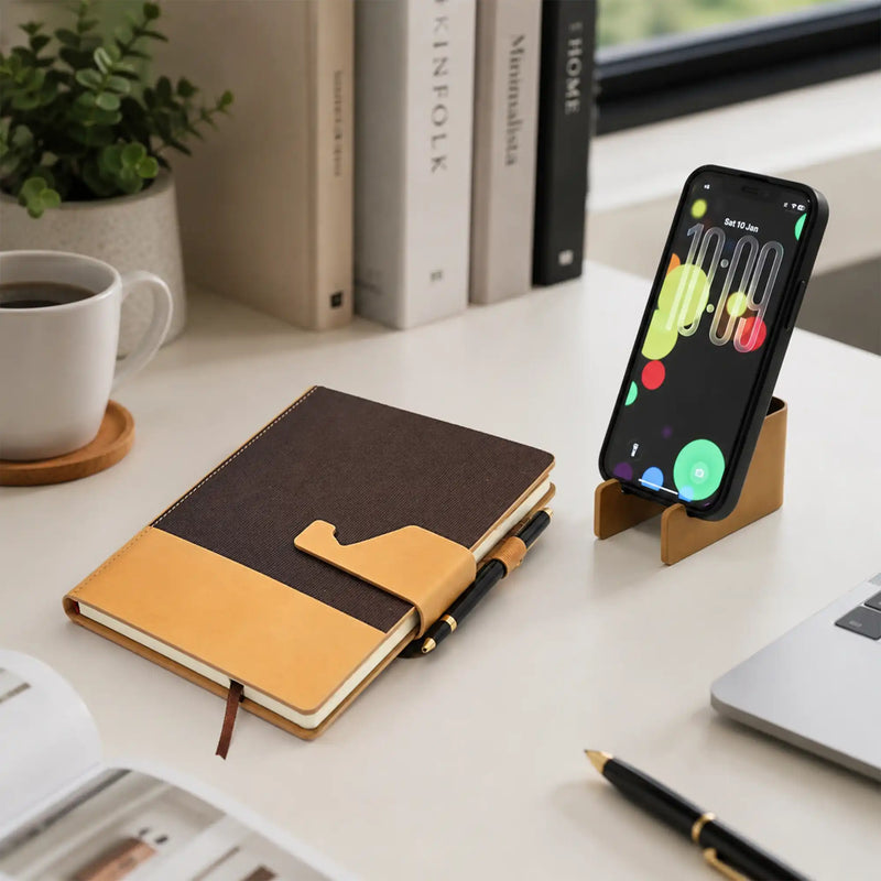 Dual Tone A5 Notebook with Detachable Mobile Stand Brown