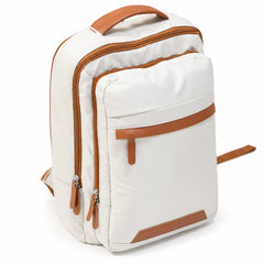 Beige Voxtra travel backpack, front three-quarter view with tan leather trim