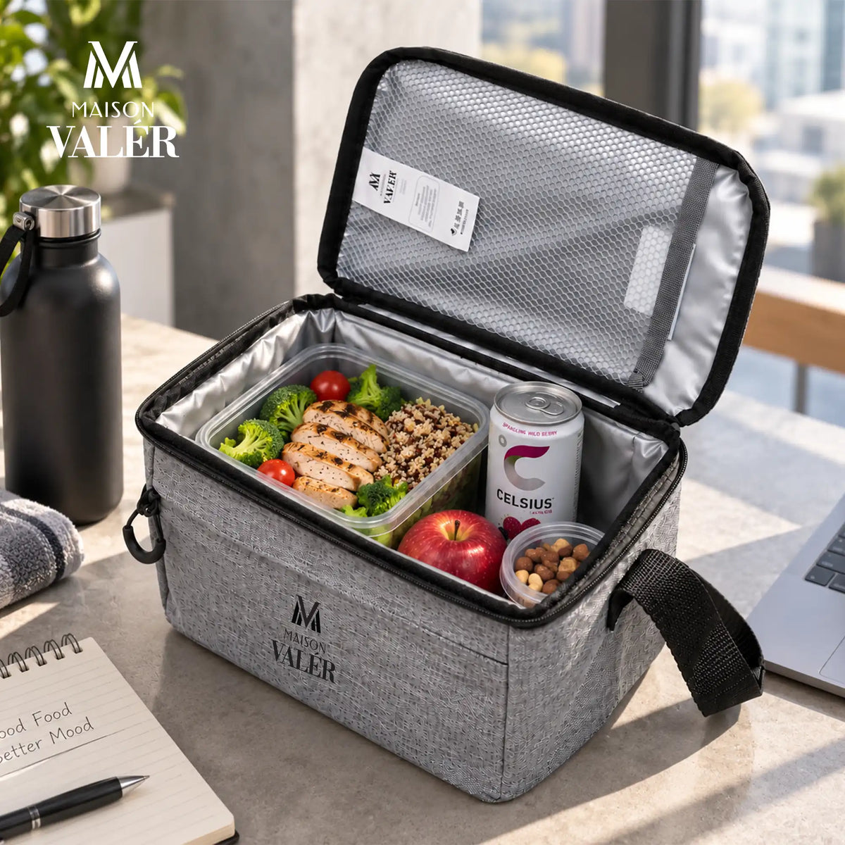 Maison Valér Carvo insulated lunch cooler bag in heather grey, front view