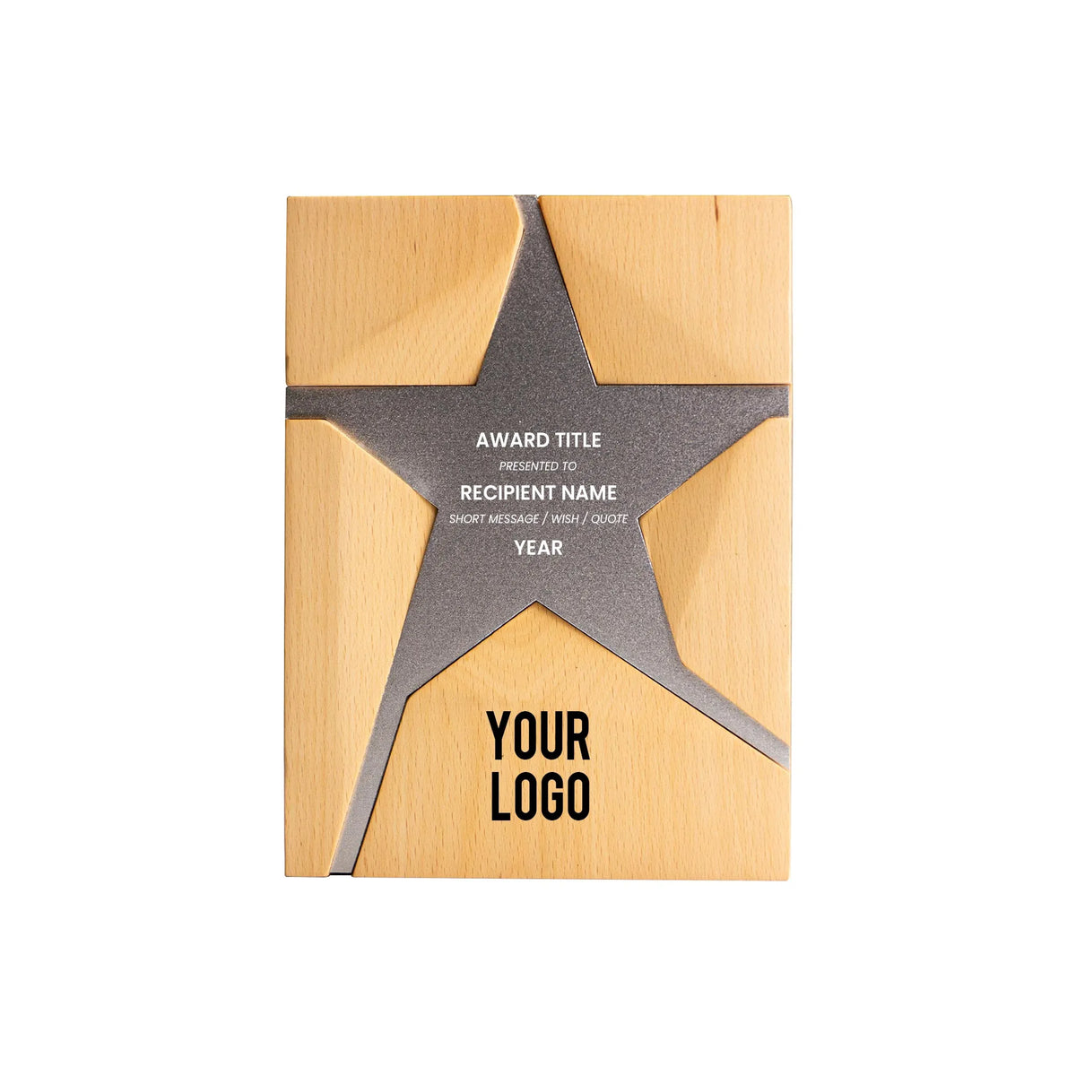 Wooden Trophy With Metal Star Silver