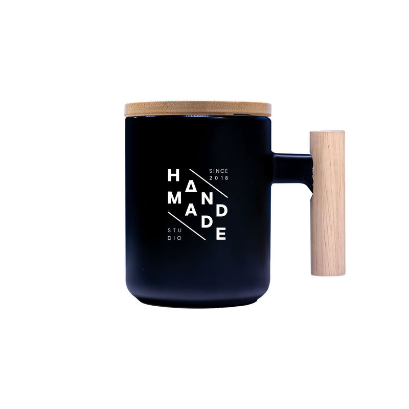 Eco-friendly ceramic mug with a stylish bamboo handle and lid Black