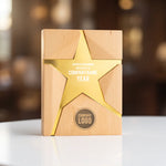 Wooden Trophy With Metal Star Gold