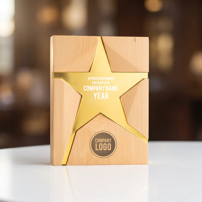 Wooden Trophy With Metal Star Gold