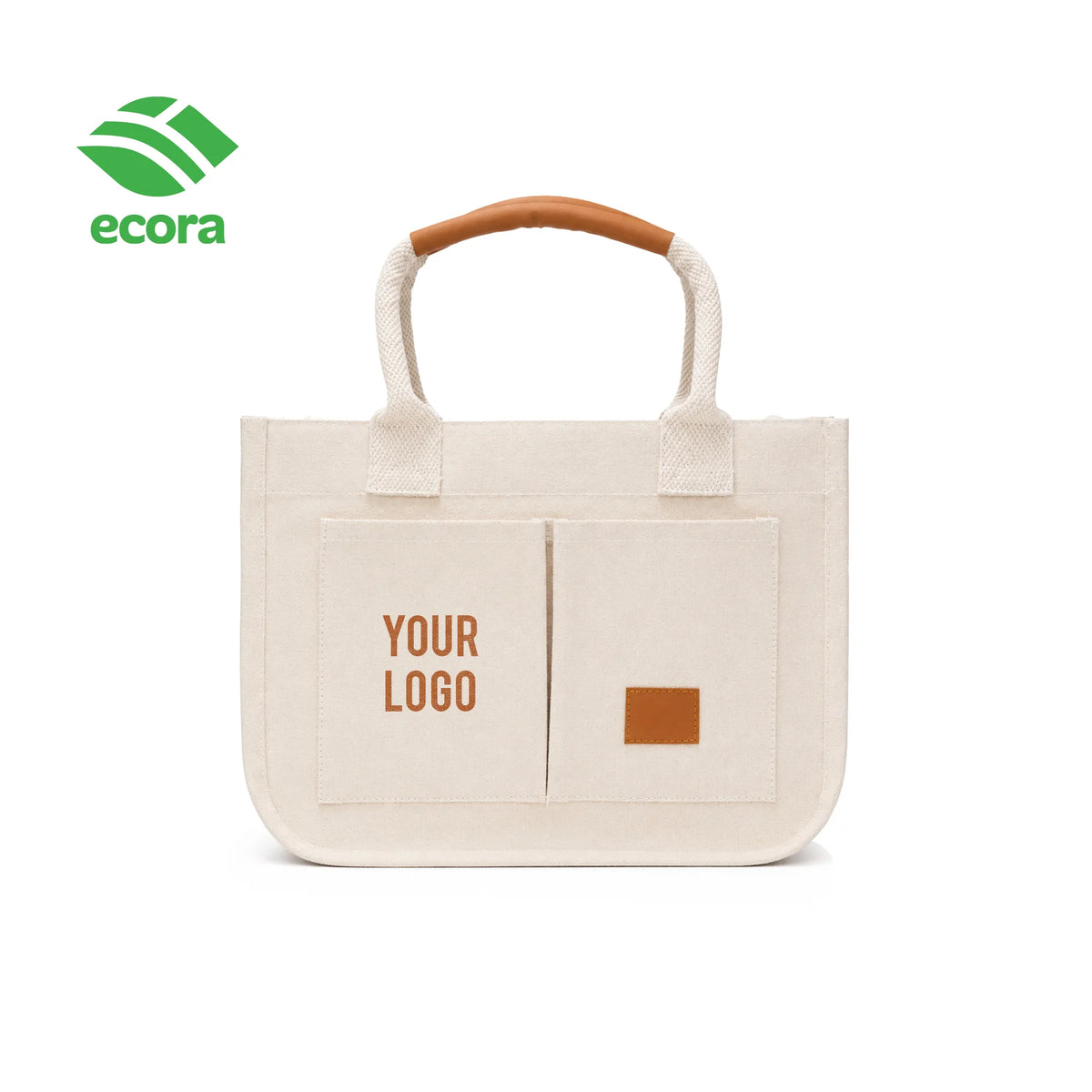 Leather handle and stitched front tab detail on the Canvo laminated canvas tote