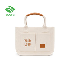 Leather handle and stitched front tab detail on the Canvo laminated canvas tote