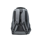 Gray travel backpack with zipper and USB charging feature