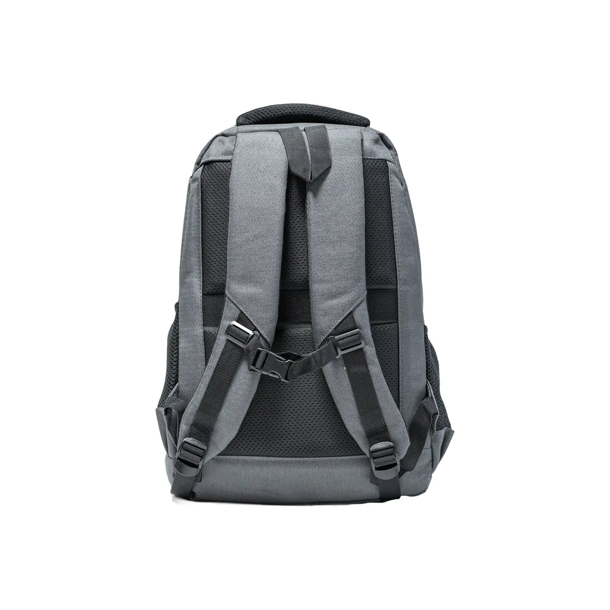 Gray travel backpack with zipper and USB charging feature