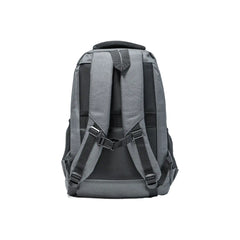 Gray travel backpack with zipper and USB charging feature