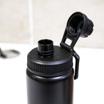 Reusable aluminium sports bottle with handle, 800 ml capacity, black and white color options for corporate gifting.