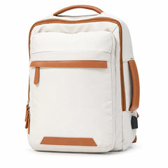 Beige Voxtra travel backpack, front three-quarter view with tan leather trim