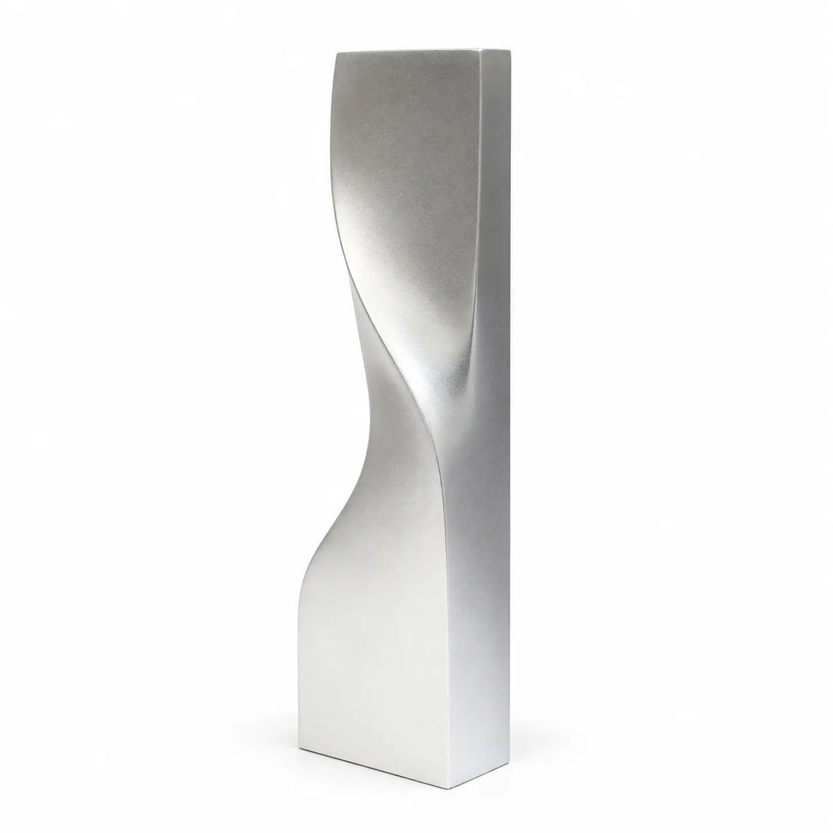 Matte silver twisted crystal award, tall sculptural column shape