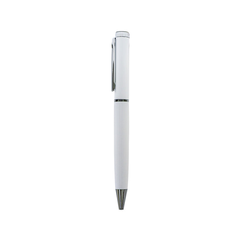 White metal pen with lined barrel and silver clip – 11610WT
