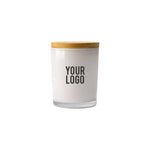 Frosted glass scented candles with bamboo lids in white and black, featuring customizable logo branding.