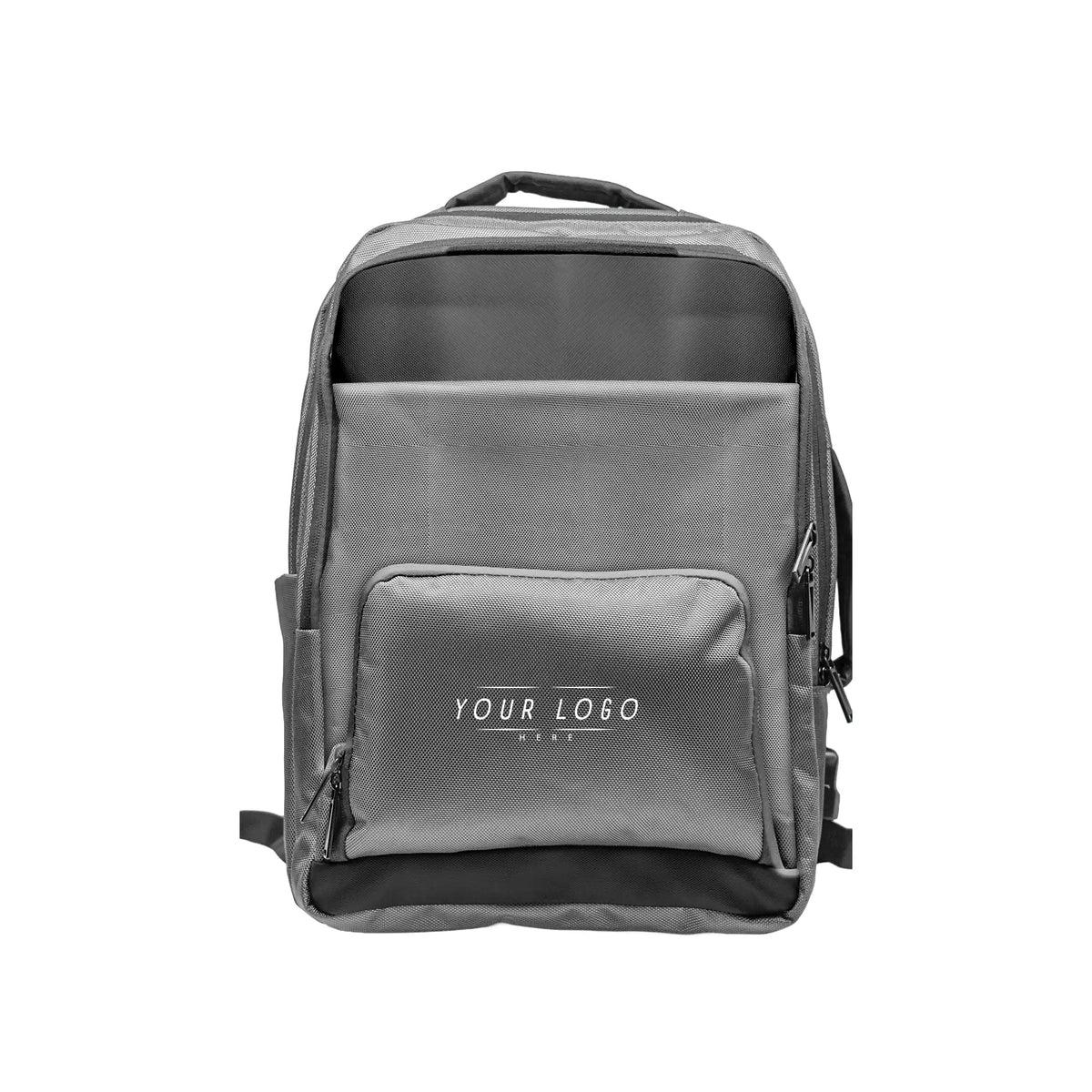 Gray executive laptop backpack with USB charging port and multiple compartments
