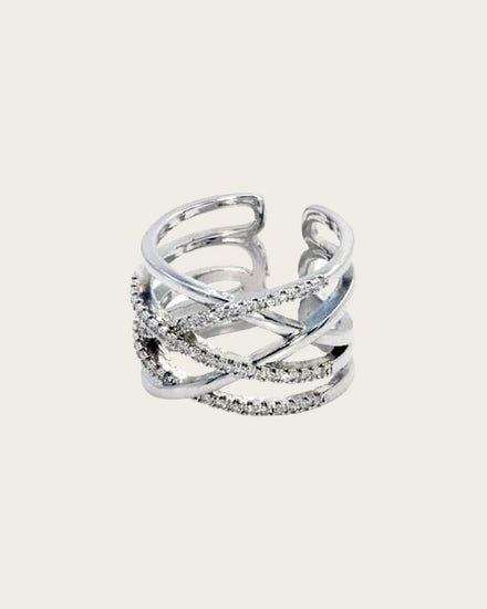 Stainless steel Criss-Cross Silver Ring with Cubic Zirconia Stones, adjestable size,for women and girls. Kaaf Creations