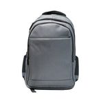 Gray travel backpack with zipper and USB charging feature