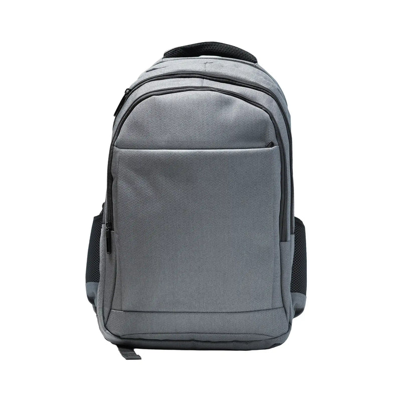 Gray travel backpack with zipper and USB charging feature