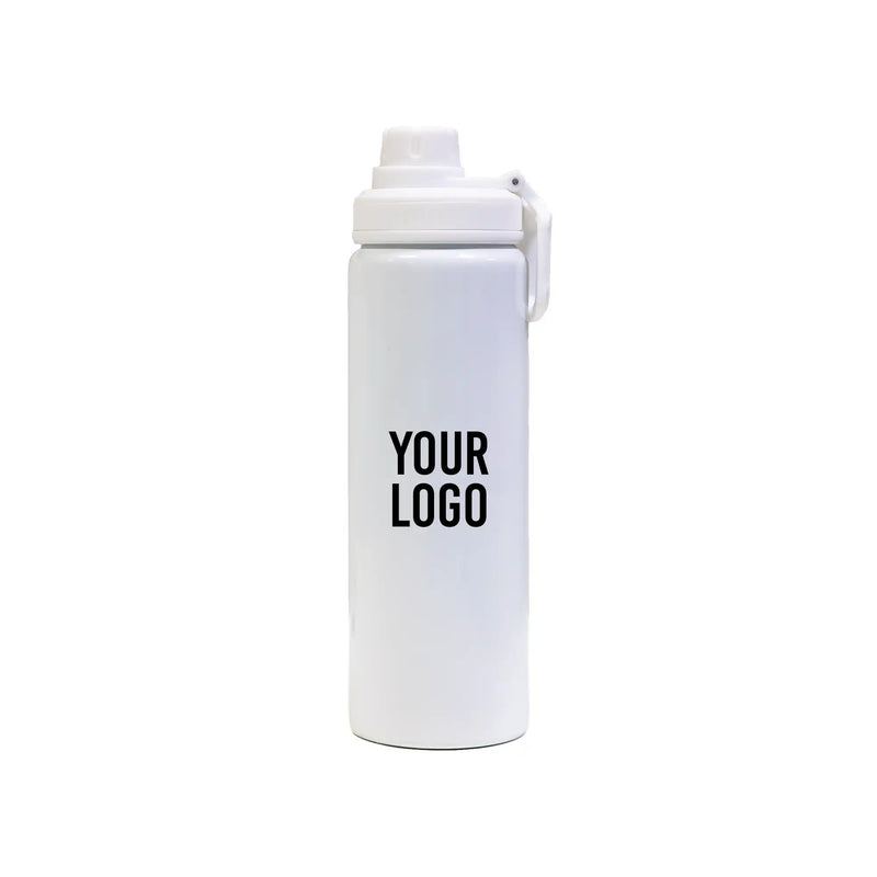 Reusable aluminium sports bottle with handle, 800 ml capacity, black and white color options for corporate gifting.