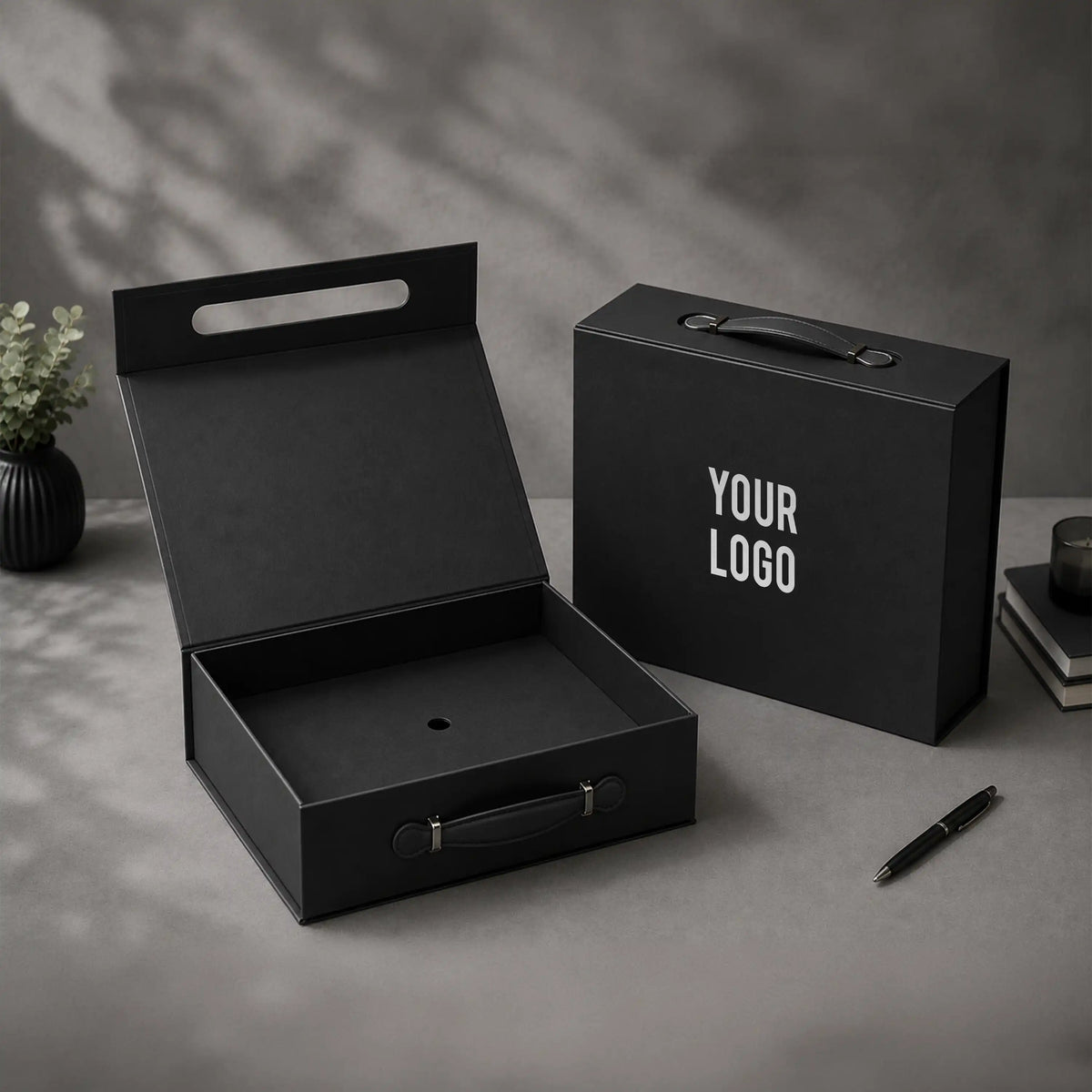 Luxury Gift Box with PU Leather Handle Black Large