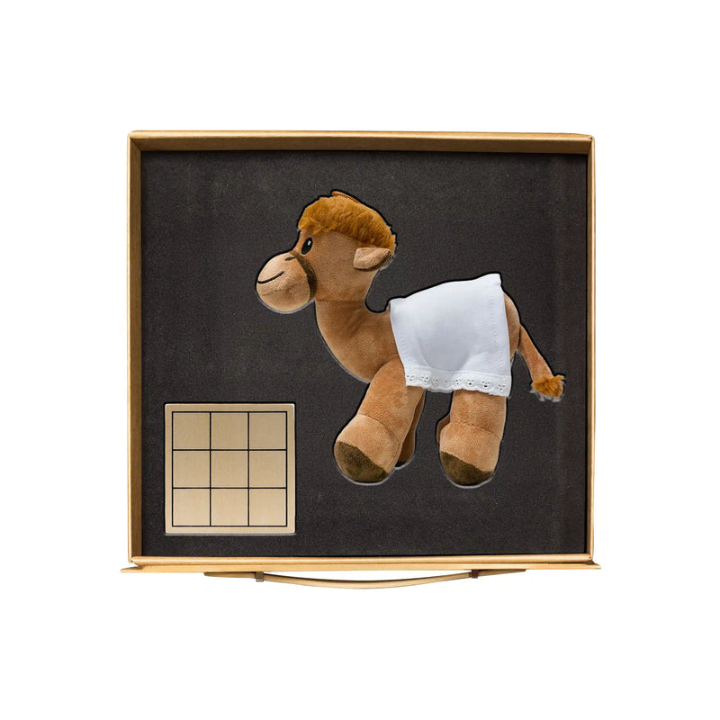 Oasis Fun Duo kids gift set camel soft toy wooden XO game UAE events