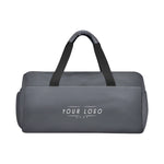 Modern gray duffle travel bag with dual handles and adjustable strap