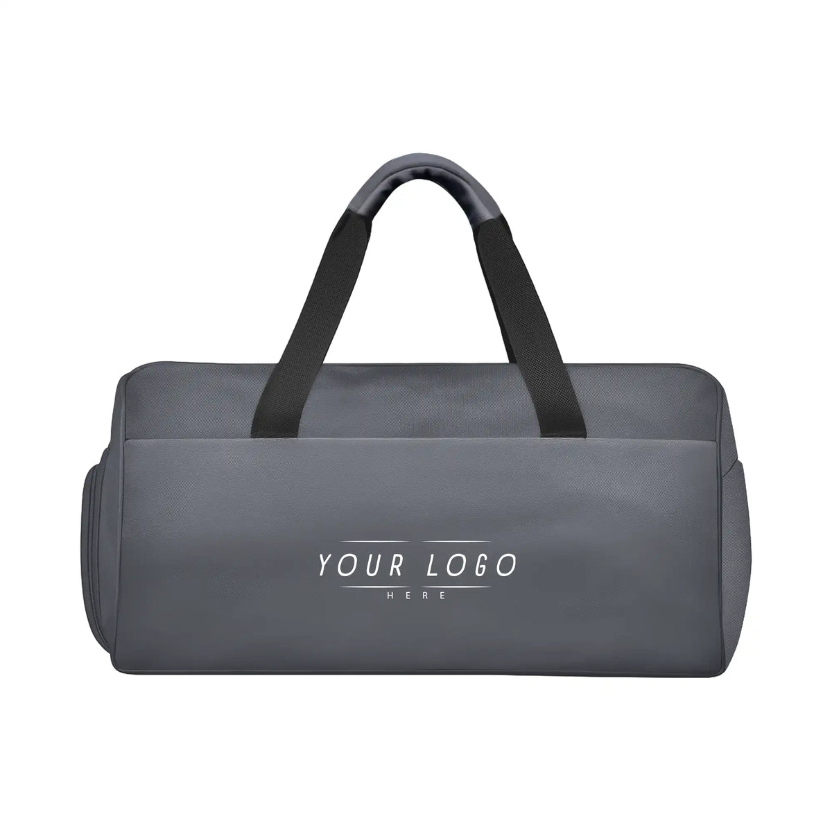 Modern gray duffle travel bag with dual handles and adjustable strap