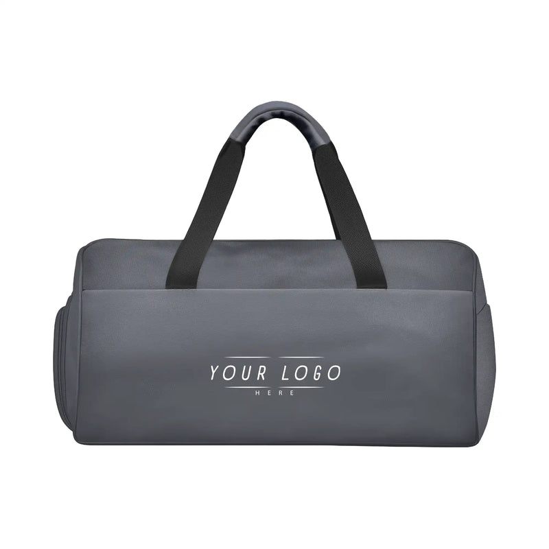Modern gray duffle travel bag with dual handles and adjustable strap