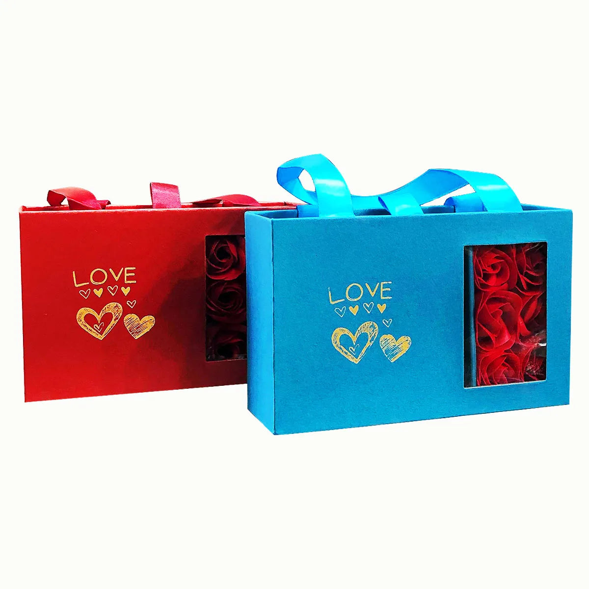 Two gift boxes, one red and one blue, with 'LOVE' and heart designs on a white background.