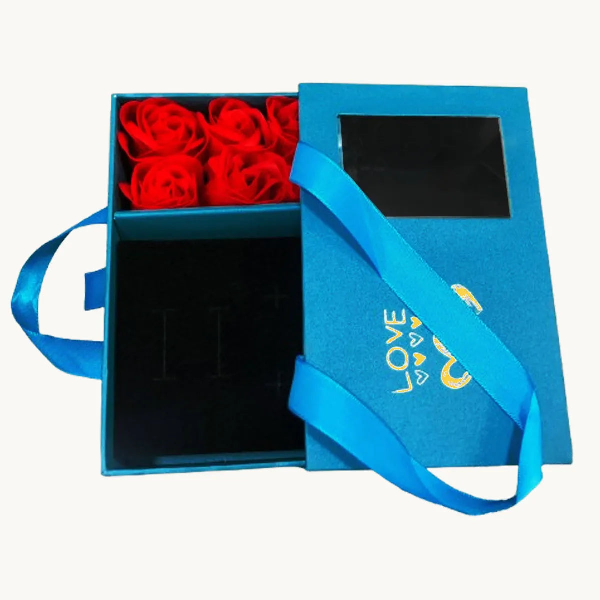 Blue gift box with red roses inside on a white background