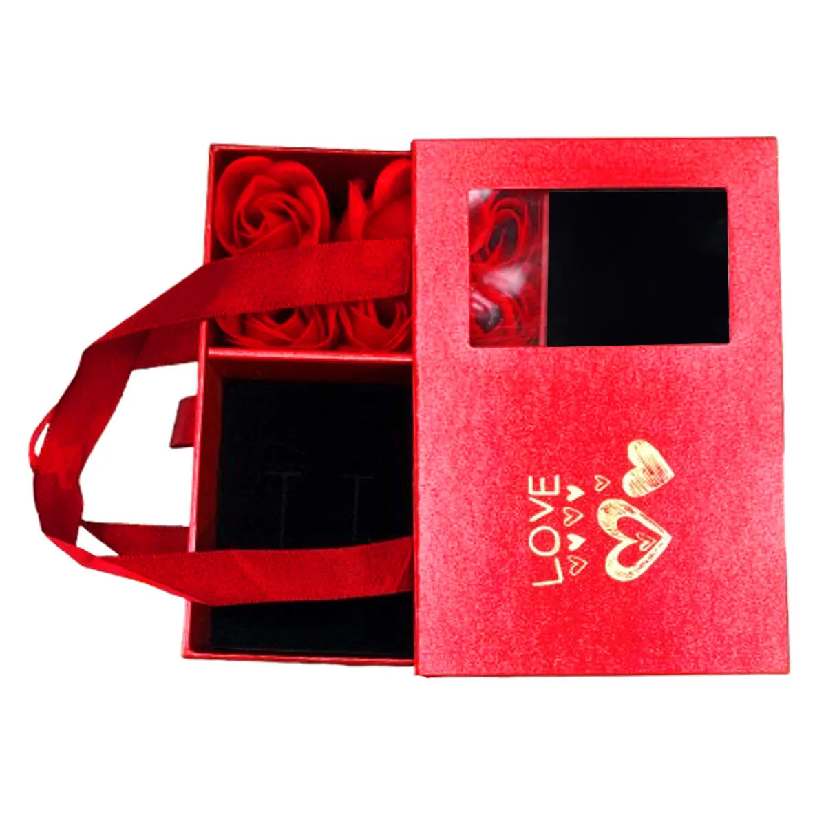 Red gift box with roses and 'LOVE' design on a white background