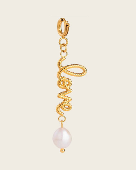 Love Script Pearl Drop Charm, 18K Gold Plated Stainless Steel Kaaf Creations