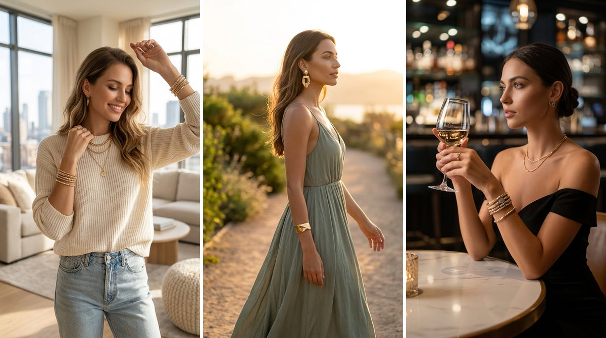 Women wearing layered 18K gold-plated necklaces, bracelets and earrings at home, outdoors and at dinner