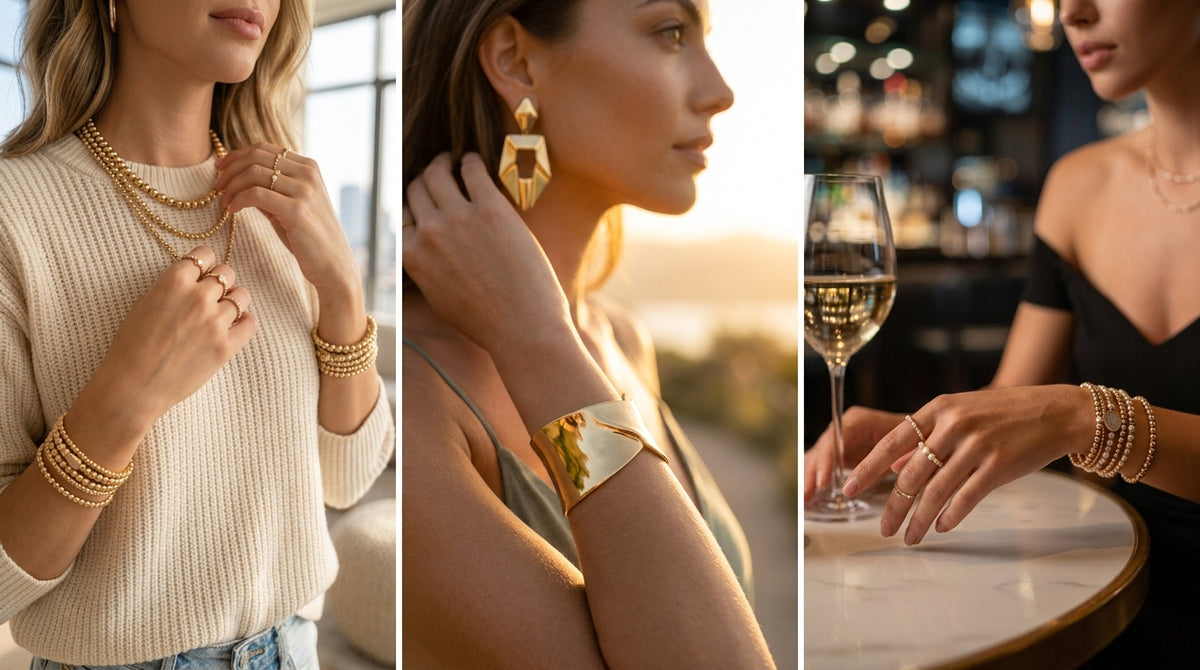 Close-ups of stacked gold bracelets, layered necklaces, rings and a gold cuff